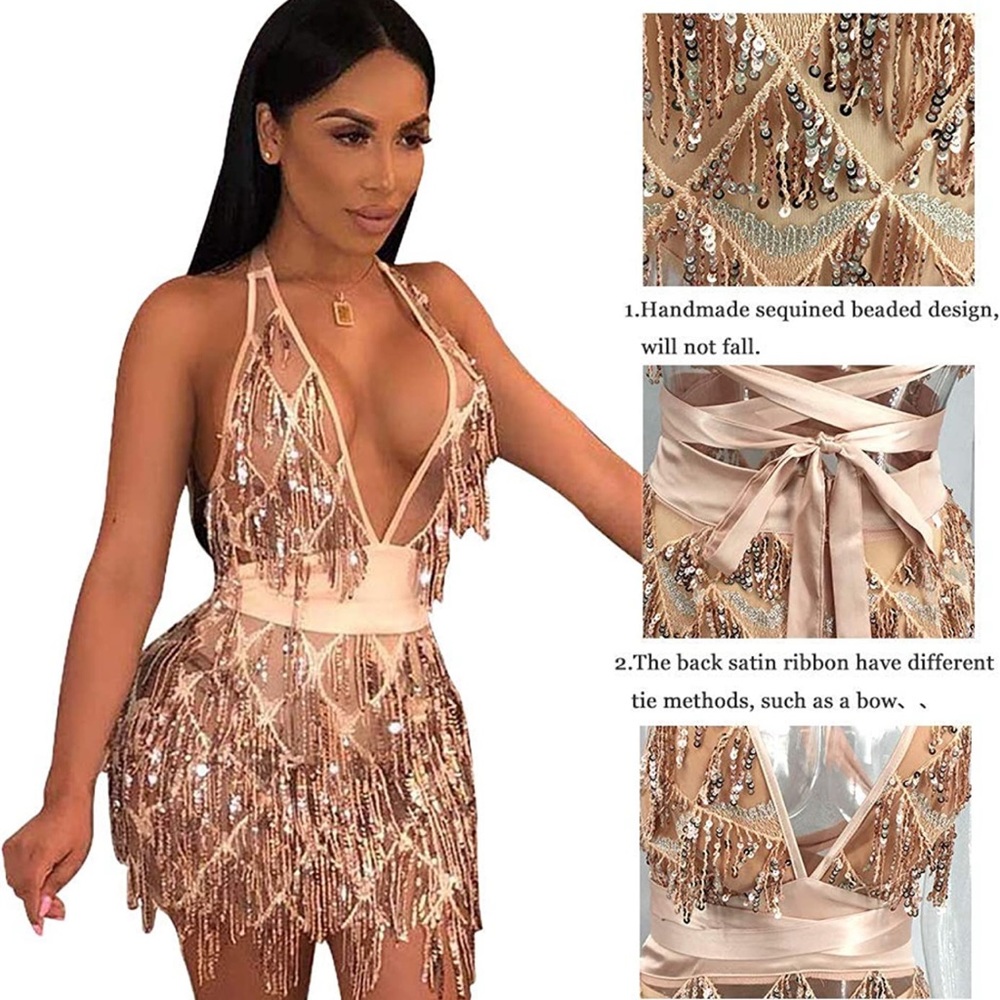 Glitter Sexy Deep V Neck Sequin Beaded Halter Bodycon Mini Nightclub Dress XS